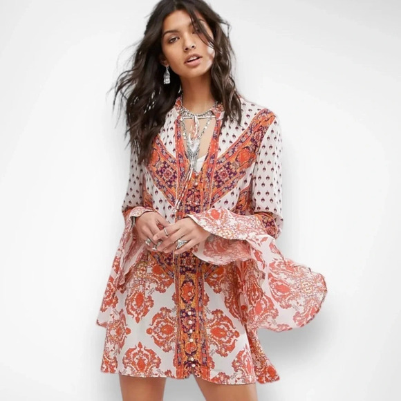 FREE PEOPLE Magic Mystery Boho Orange And Cream Tunic Dress XS | EUC - Picture 1 of 8